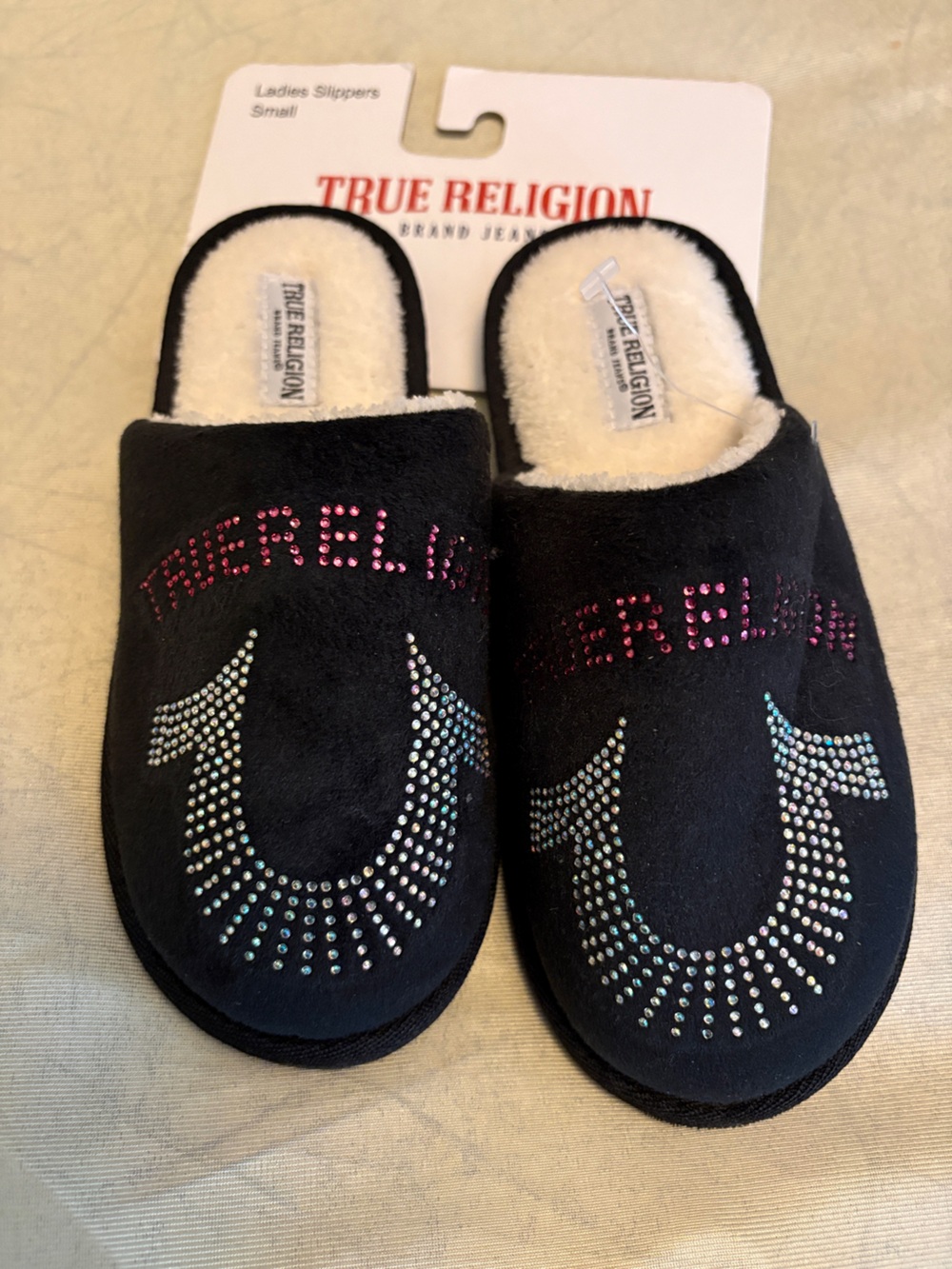 True Religion Black Faux Fur Lined Slip-On Slippers